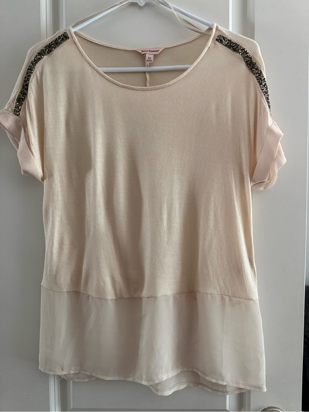 Juicy Couture Cream Short-Sleeve Beaded-Shoulder Blouse Sheer Bottom